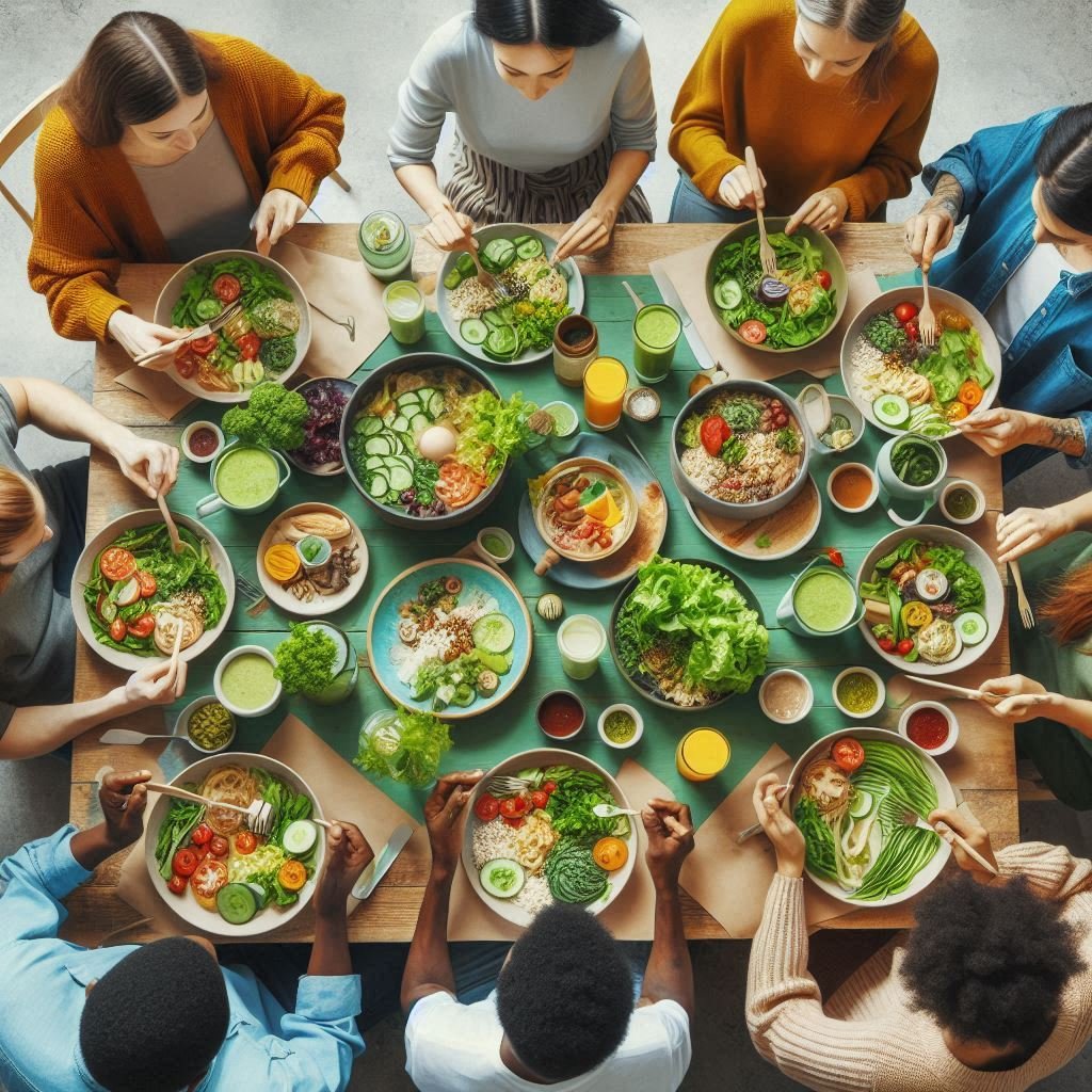 Diverse group of people enjoying vgreeneats meals